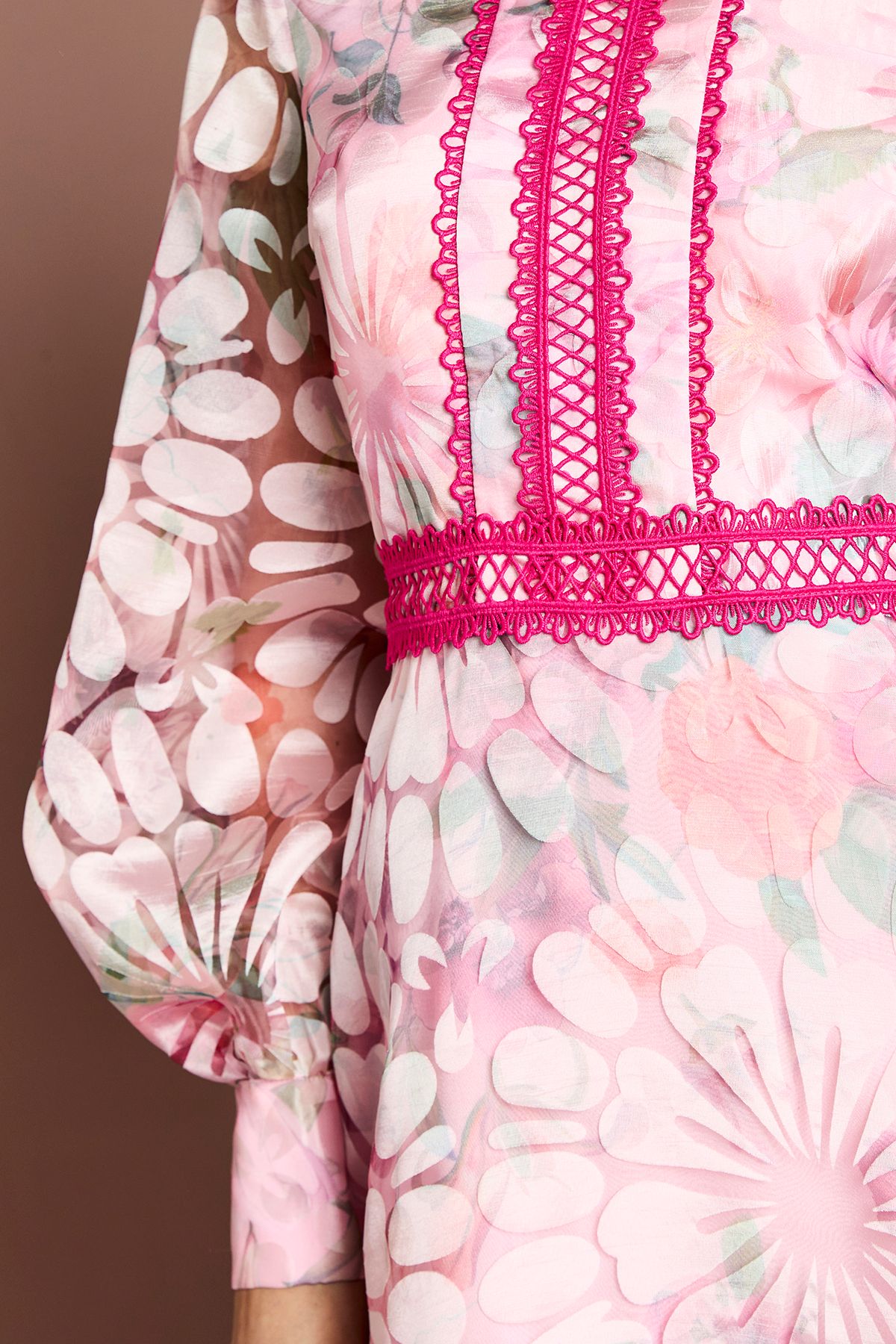 Coast Printed Organza Contrast Collar Lace Trim Midi Dress Pink image 5