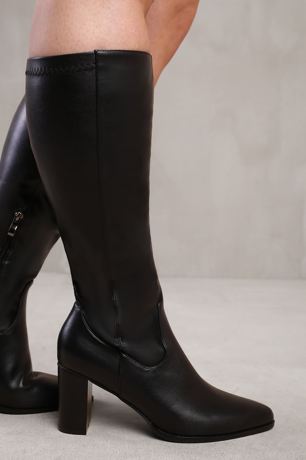 Where's That From 'Ainsley' Stretch Wide Calf Block Heel Knee High Boots with Stitch Detail