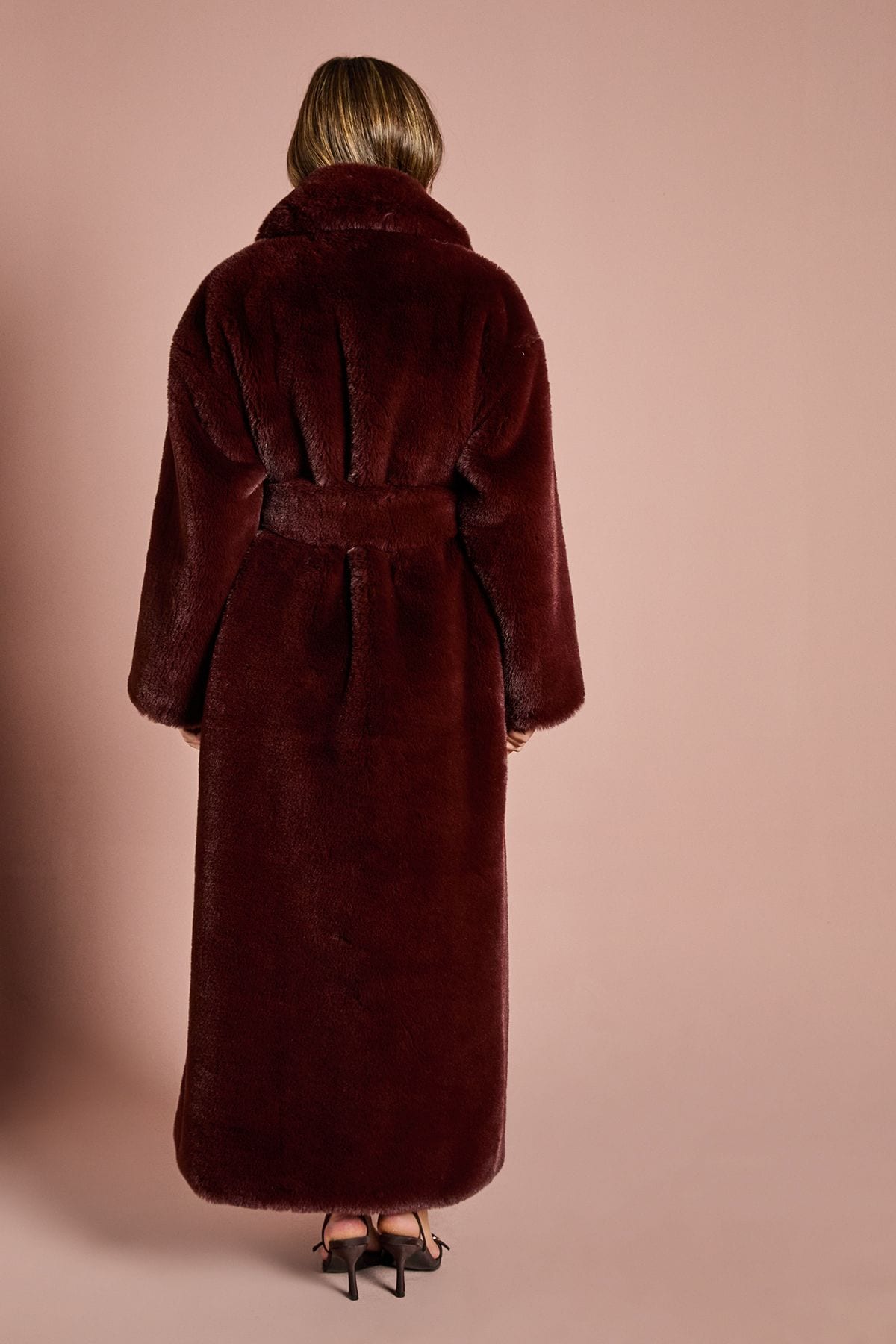 Coast Burgandy Occasion Belted Longline Faux Fur Coat Burgundy image 3