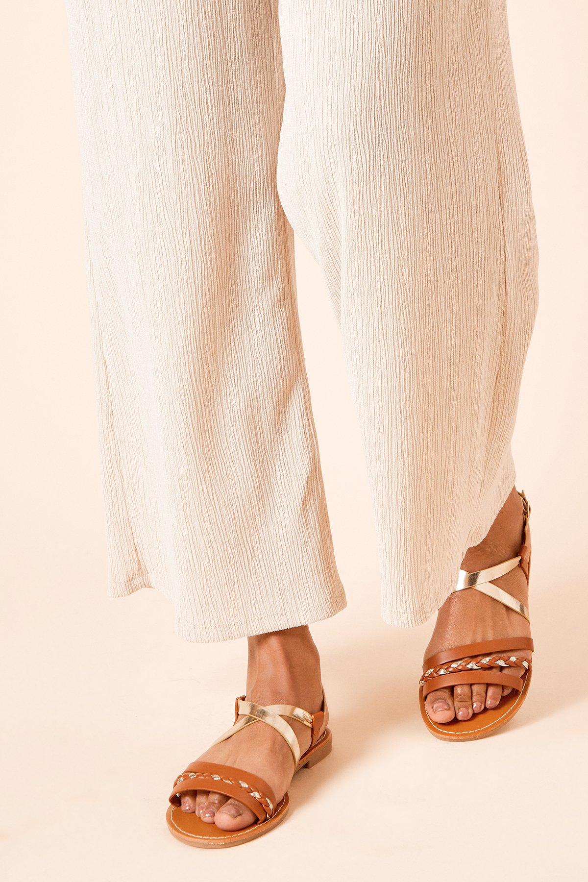 Dorothy Perkins Jules Faux Leather Plaited Cross Stap Flat Sandals Tan image 2