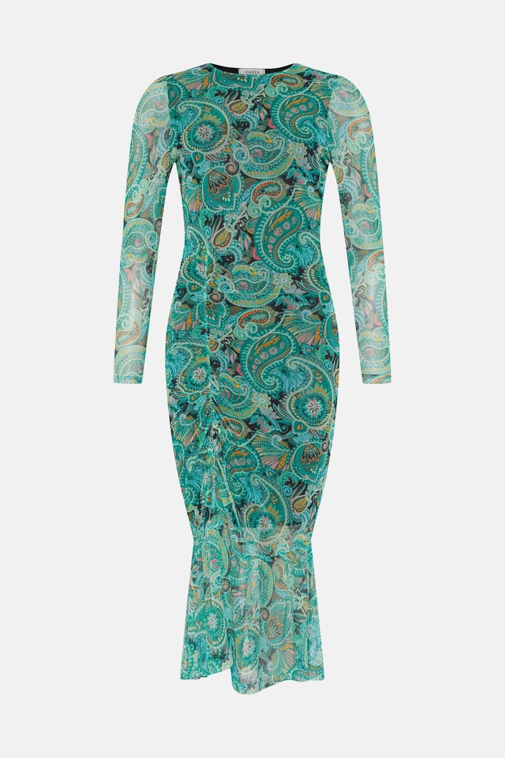 Oasis Paisley printed gauged front midi dress Multi image 4