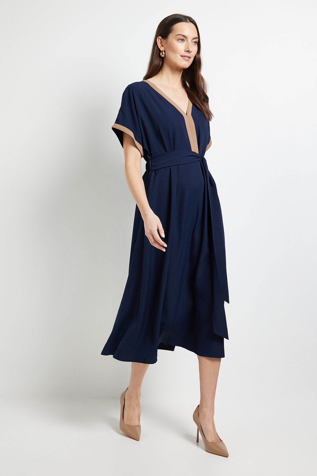 Principles Tipped Notch Neck Kimono Sleeve Dress Navy