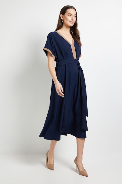 Principles Tipped Notch Neck Kimono Sleeve Dress Navy