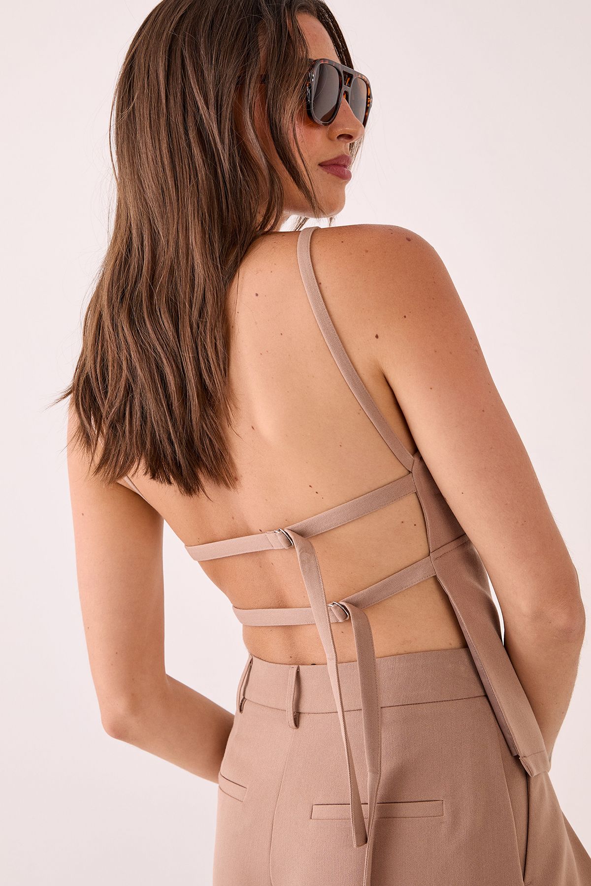 NastyGal Tailored Seam Detail Tie Back Strappy Top Taupe image 2
