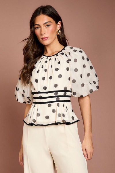 Coast Puff Sleeve Polka Dot 2 In 1 Jumpsuit Beige