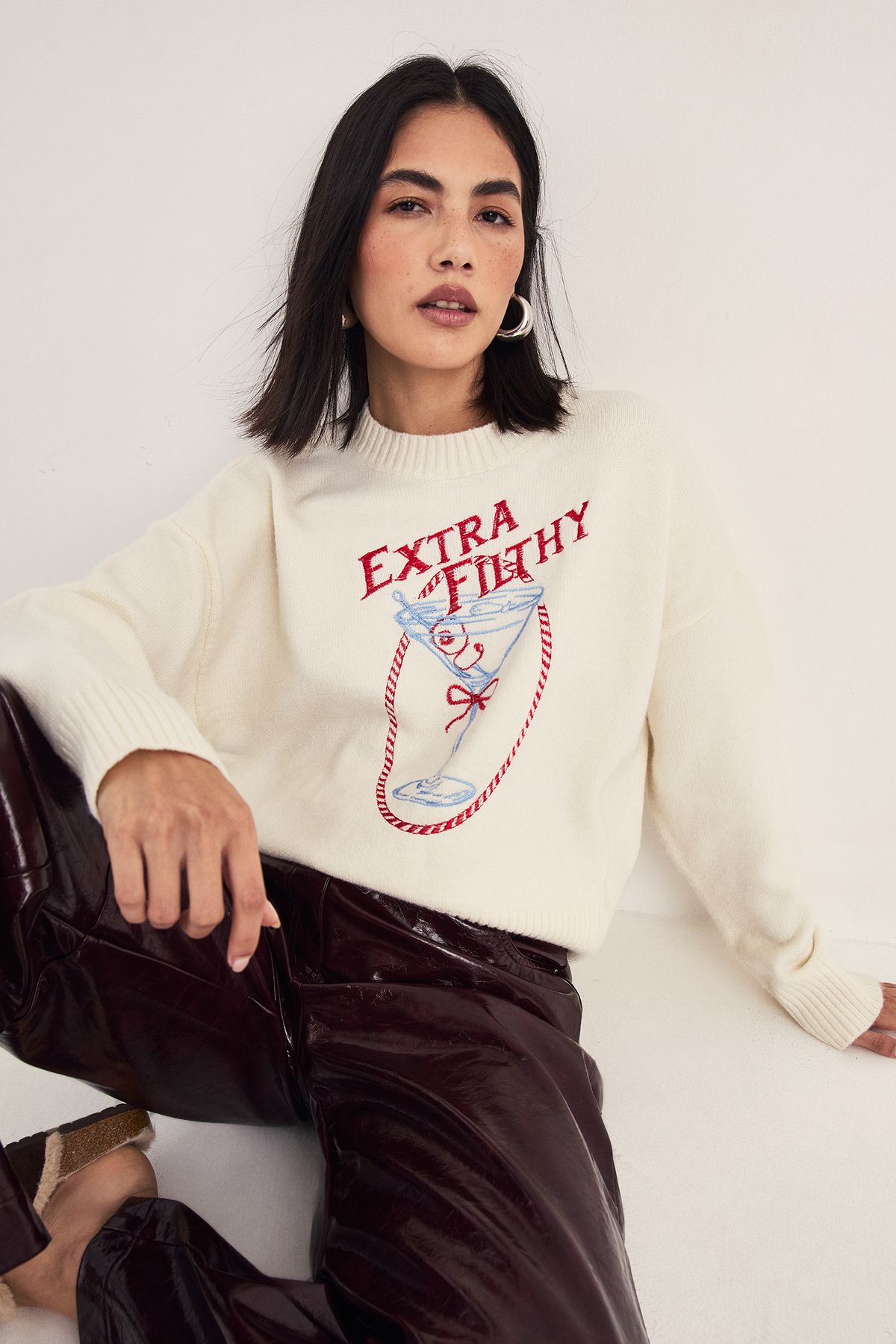 NastyGal Christmas Extra Filthy Knitted Jumper Ecru image 1