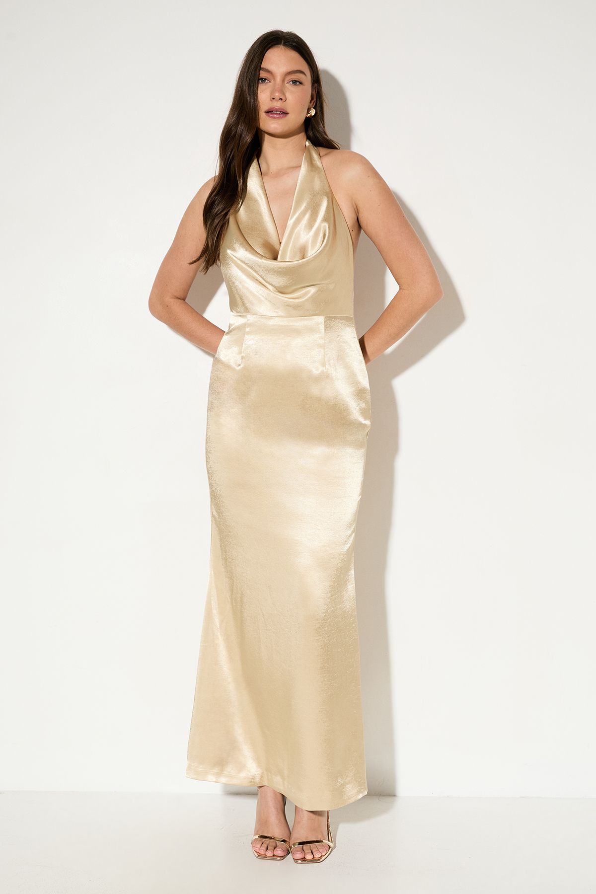 MissPap Premium Plunge Cowl Open Back Satin Maxi Bridesmaid Dress Gold image 1
