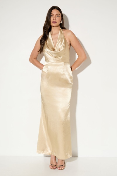 MissPap Premium Plunge Cowl Open Back Satin Maxi Bridesmaid Dress Gold