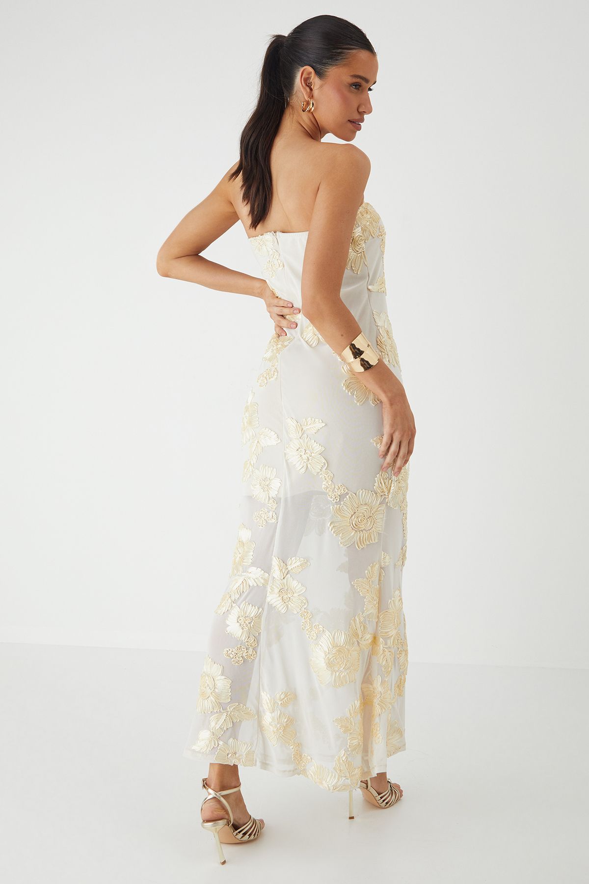 MissPap Floral Textured Bandeau Mini Dress Champagne image 3