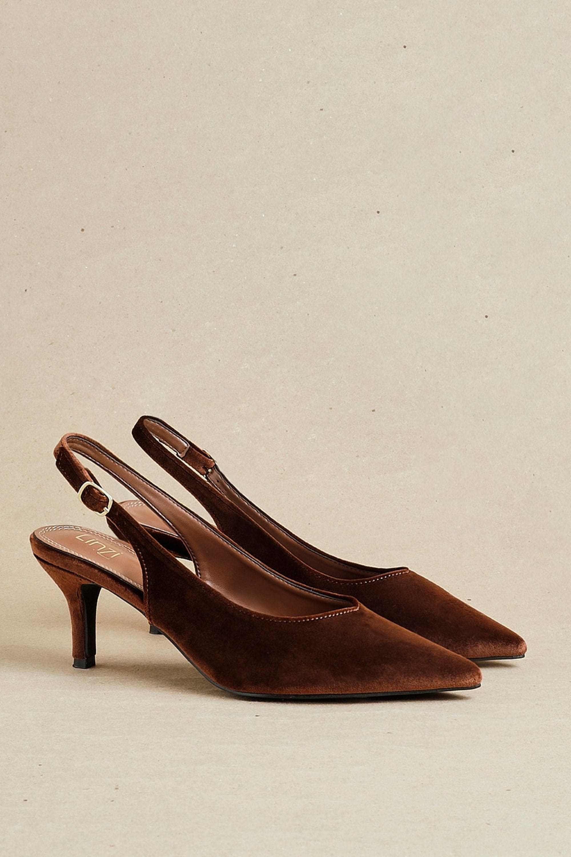 Linzi Finesse Brown Velvet Pointed Slingback Stiletto Court Heels image 6