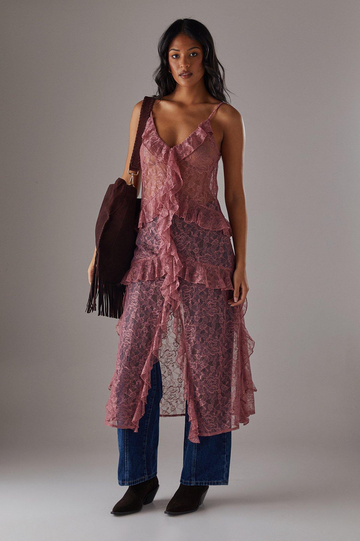 Warehouse Lace Ruffle Front Maxi Strappy Top Rose image 1