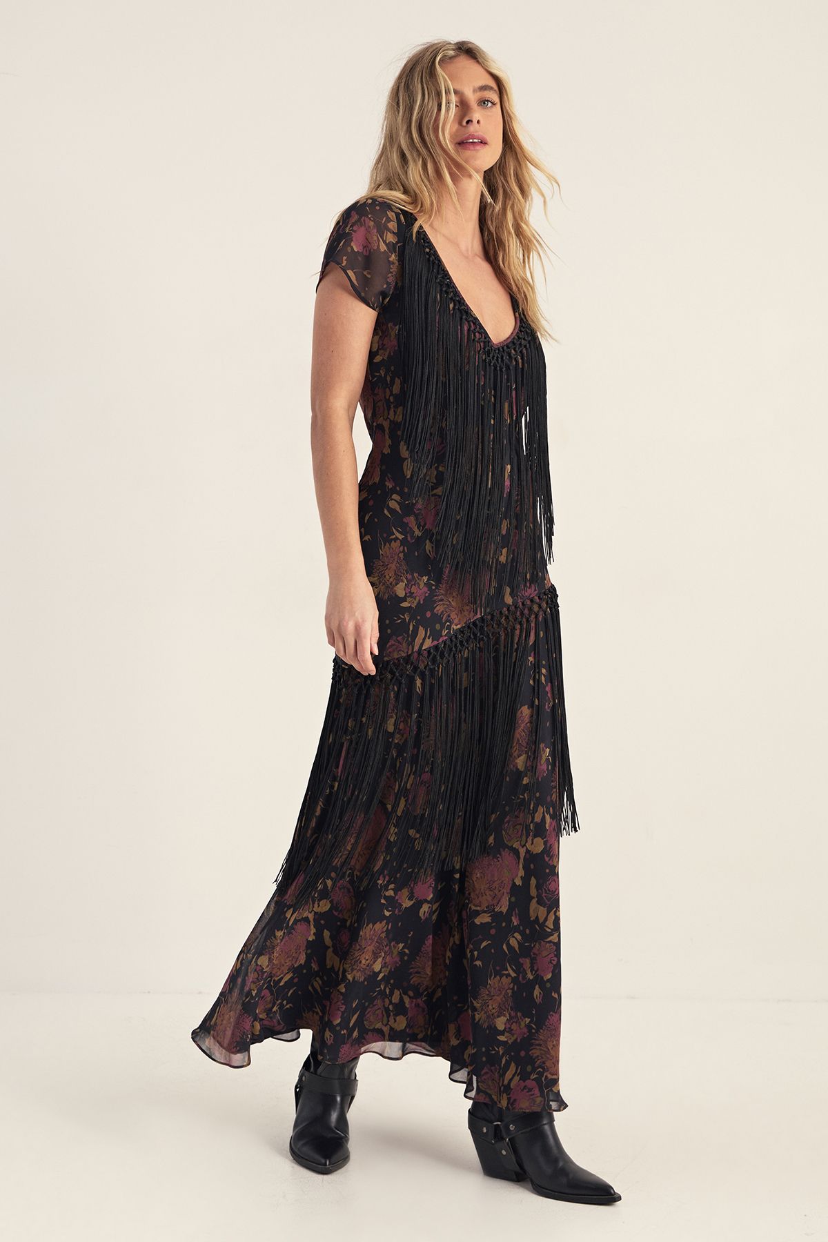 NastyGal Floral Chiffon Fringe Maxi Dress Black