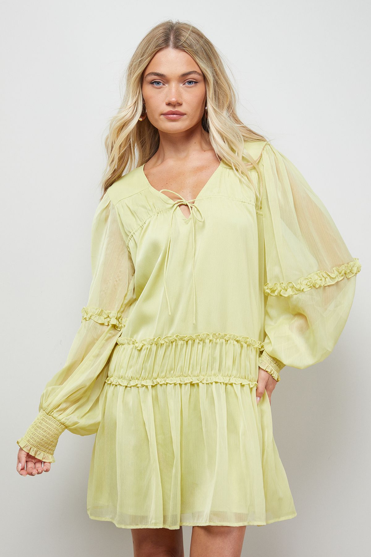 Oasis Plain Chiffon Shirred Front Tie Neck Mini Dress Olive image 1