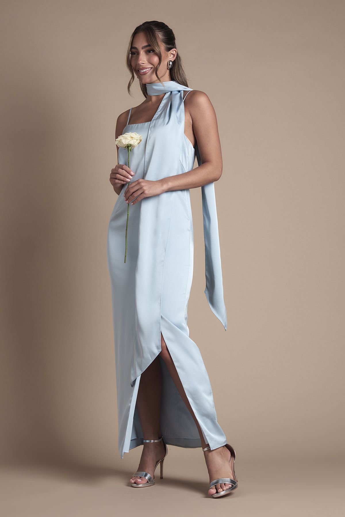 Oasis Oasis By Coast Strappy Satin Maxi Bridesmaid Dress with Scarf Light Blue