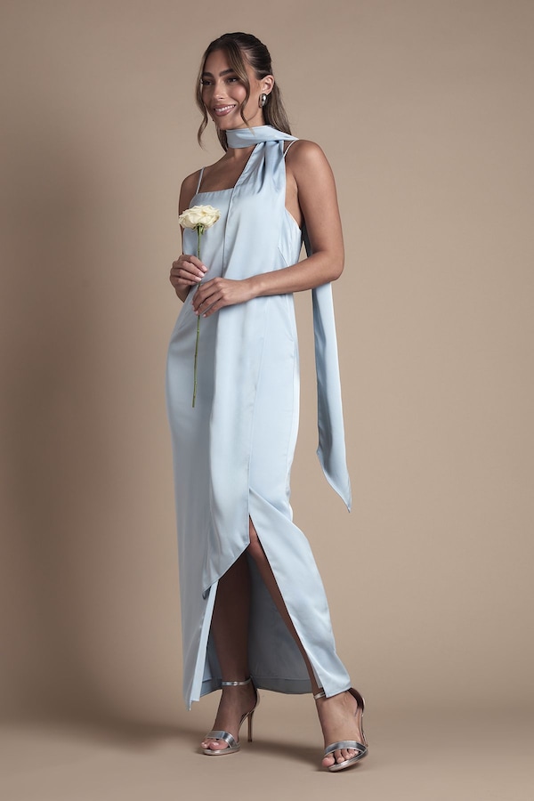 Oasis Oasis Strappy Satin Maxi Bridesmaid Dress with Scarf Light Blue