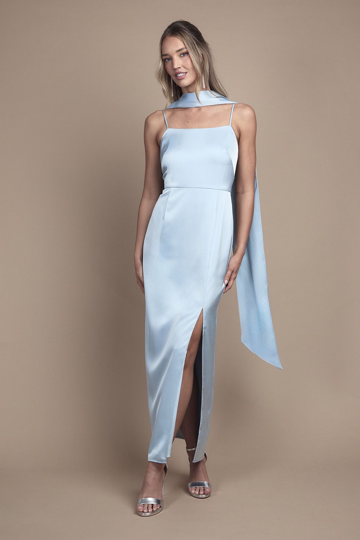 Oasis Strappy Satin Maxi Bridesmaid Dress with Scarf Light Blue