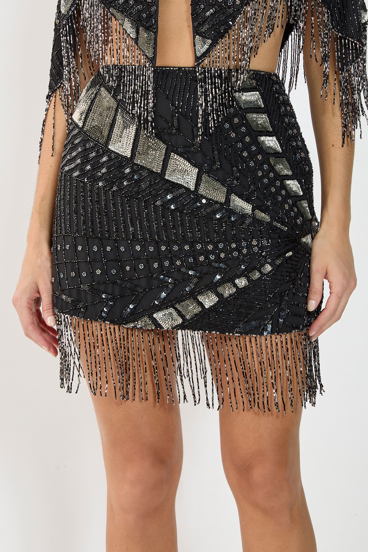 NastyGal Hand Embellished Panelled Tassel Sequin Mini Skirt Black image 5