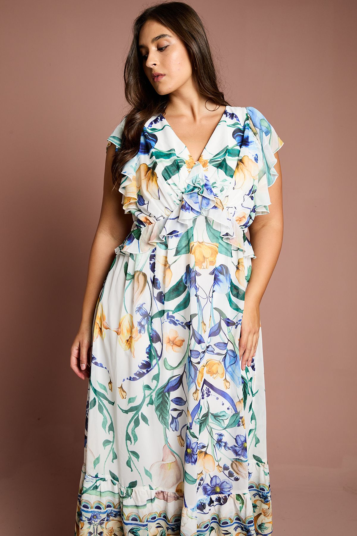 Coast Plus V Neck Flutter Sleeve Printed Midi Dress White image 4