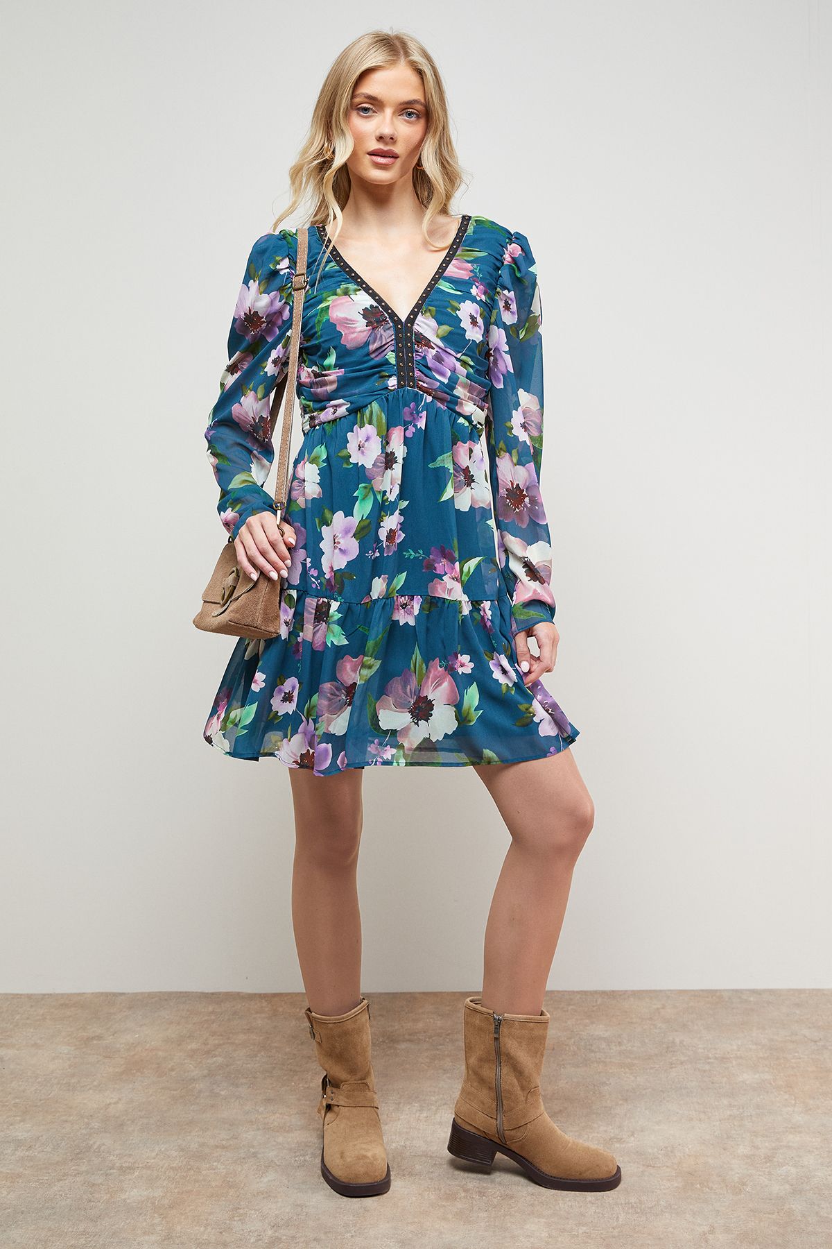 Oasis Printed Statement Shoulder Ruched Body Mini Dress Multi image 1