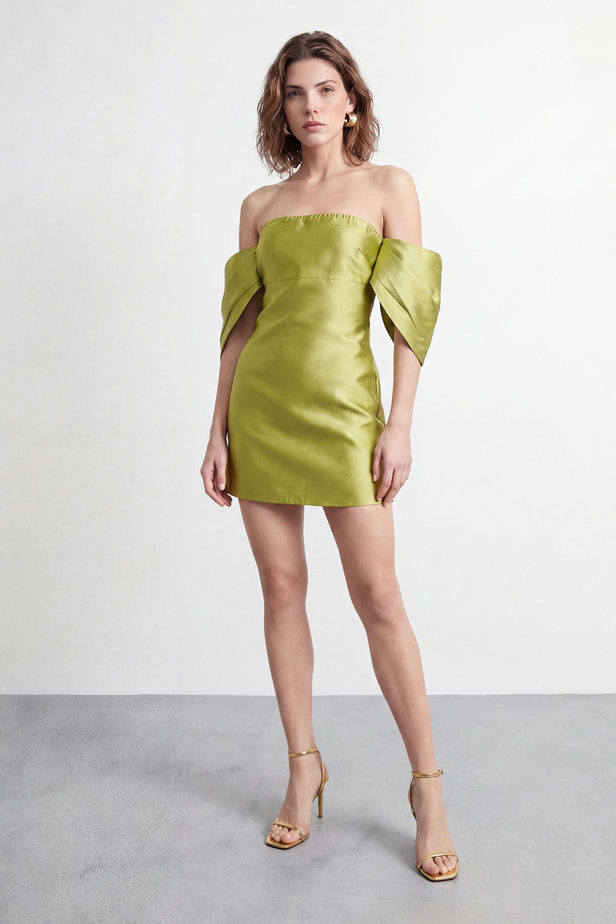 Warehouse Petite Structured Puff Sleeve Bardot Mini Dress Chartreuse image 2