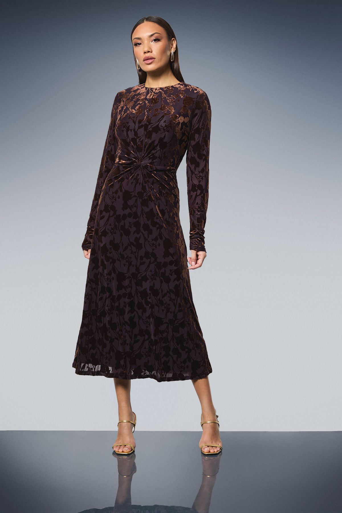 Principles Twist Front Velvet Devore Midi Dress Choc Brown image 1