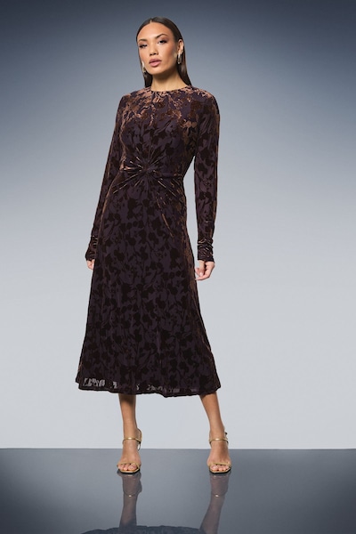 Principles Twist Front Velvet Devore Midi Dress Choc Brown