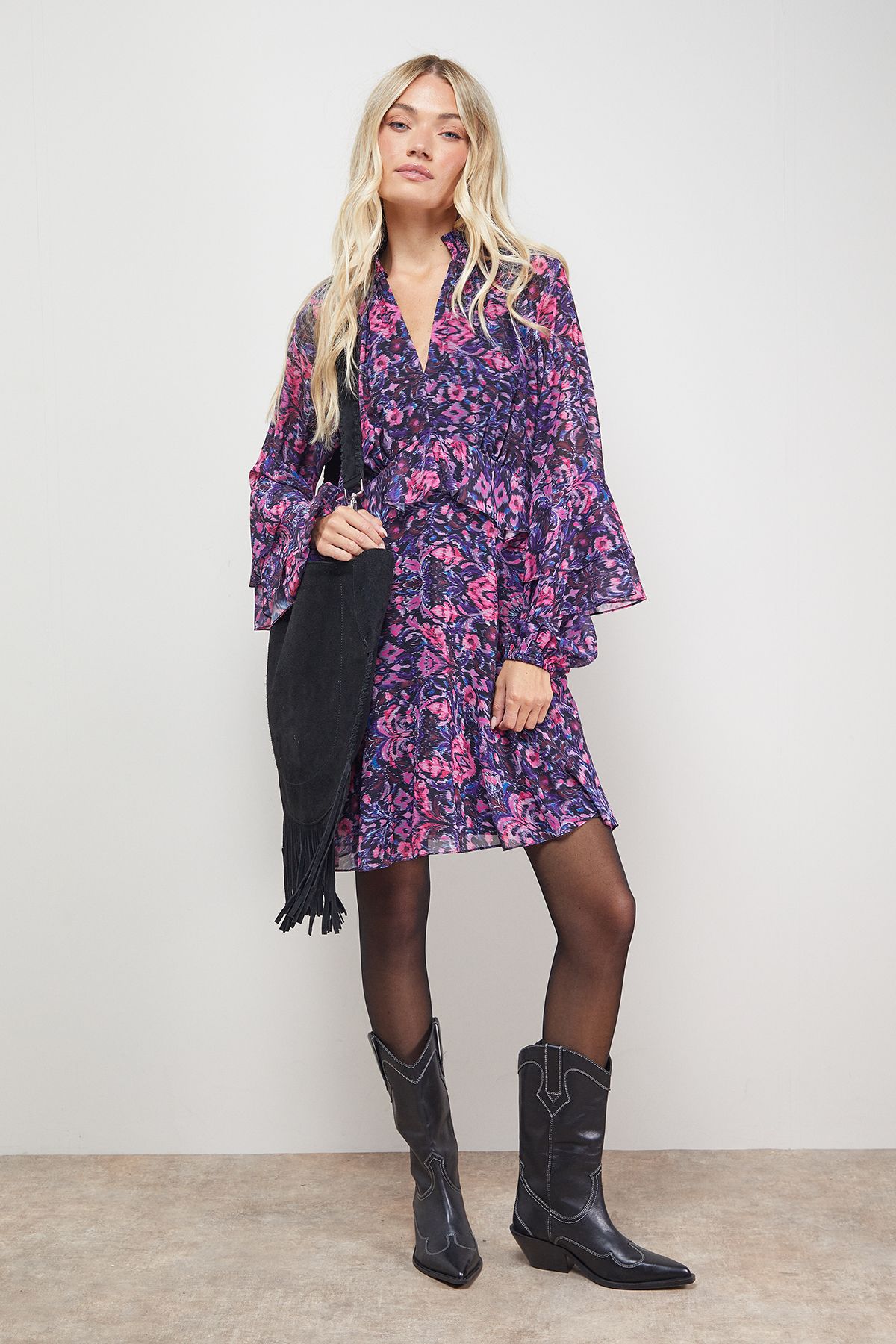 Oasis Printed Fluted Sleeve Ruffle Detail Mini Dress Purple image 1