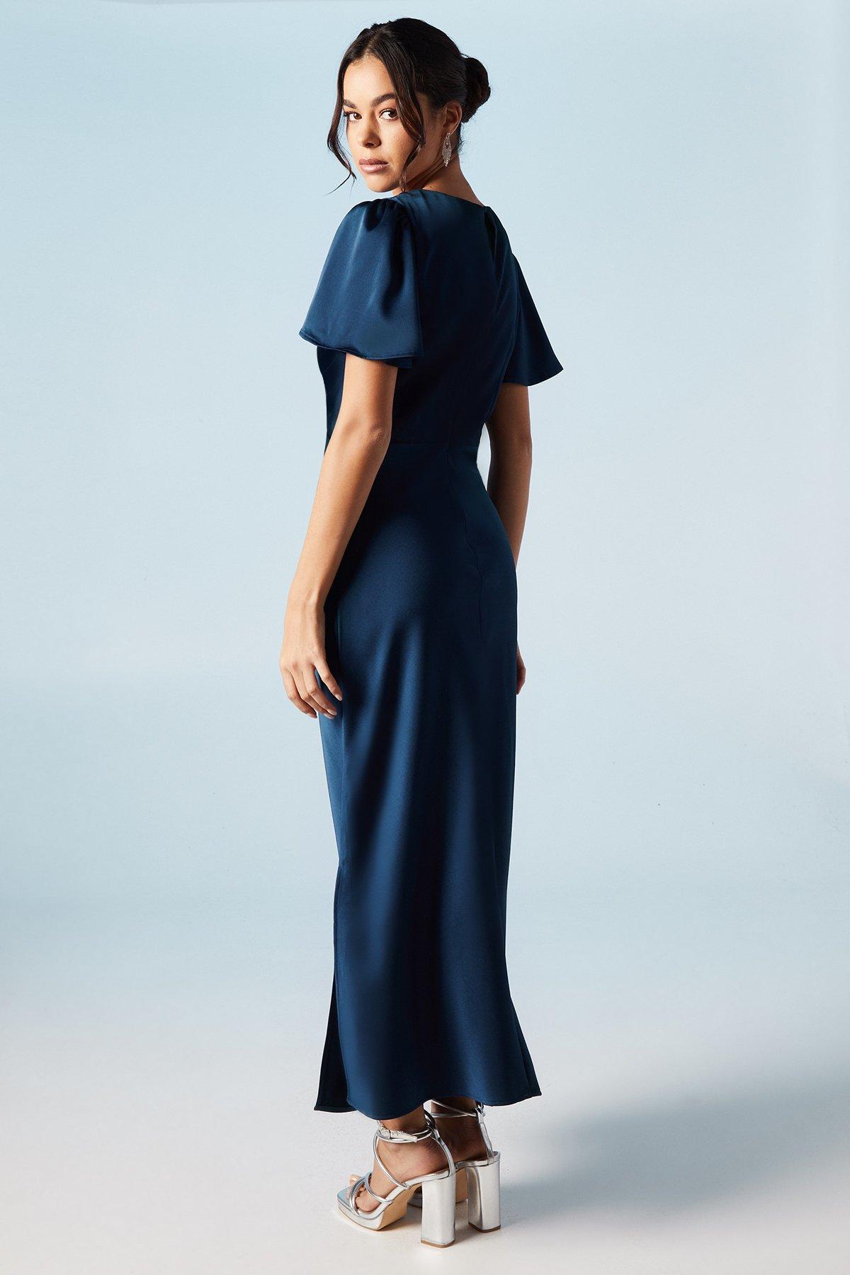 Oasis Satin Twist Front Angel Sleeve Midi Bridesmaids Dress Navy image 3