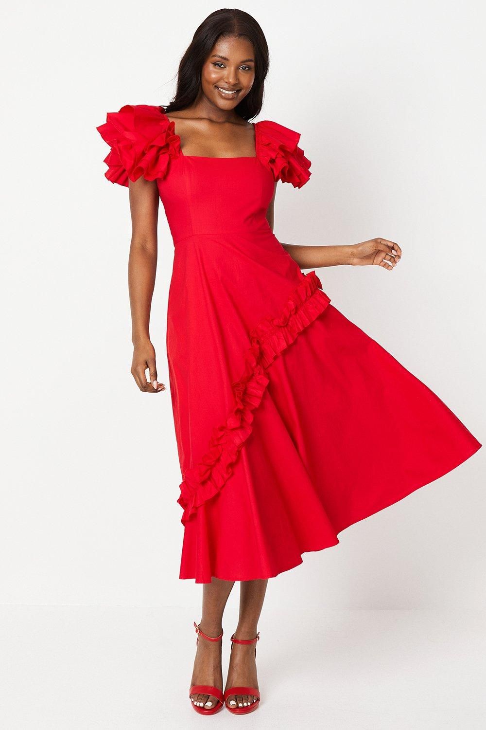 Coast Frill Sleeve Ruffle Skirt Cotton Midi Dress Red image 1