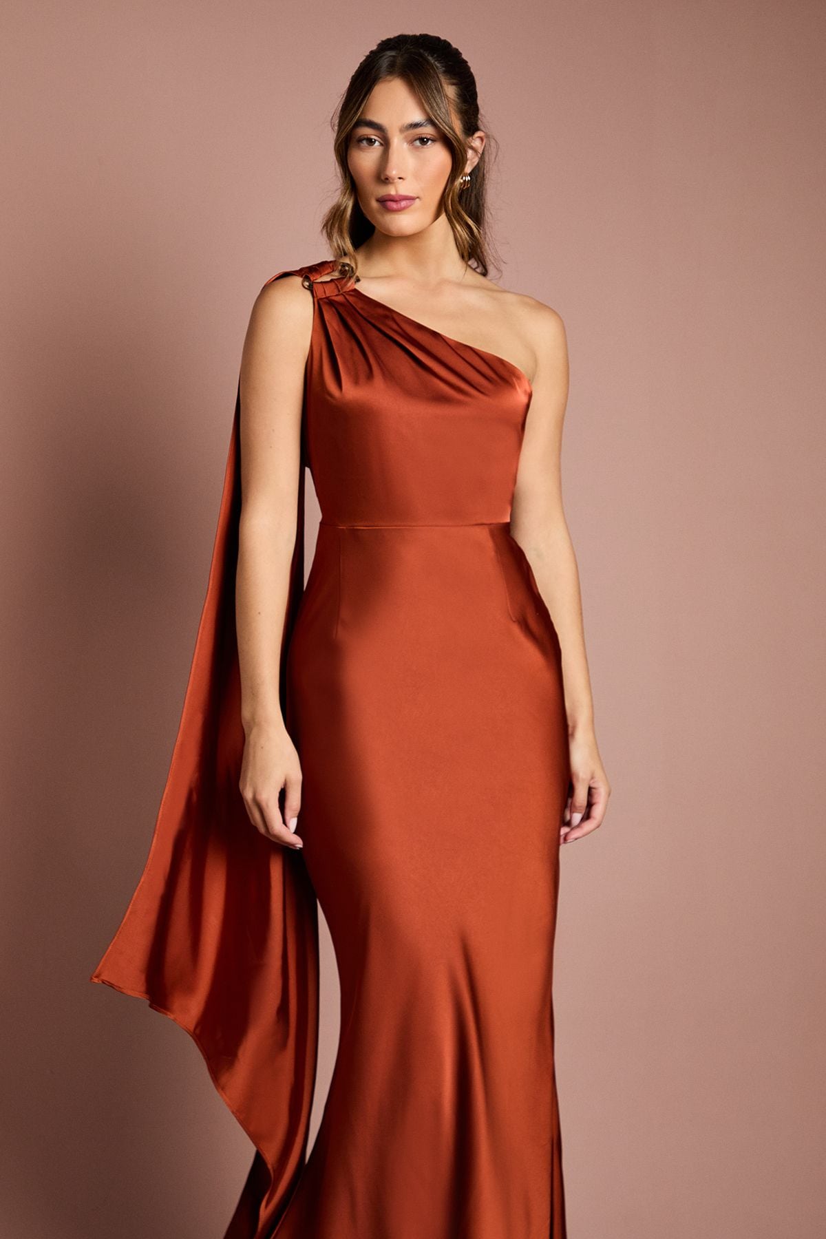 Coast One Shoulder Satin Maxi Bridesmaid Dress With Gold Trim Copper image 4