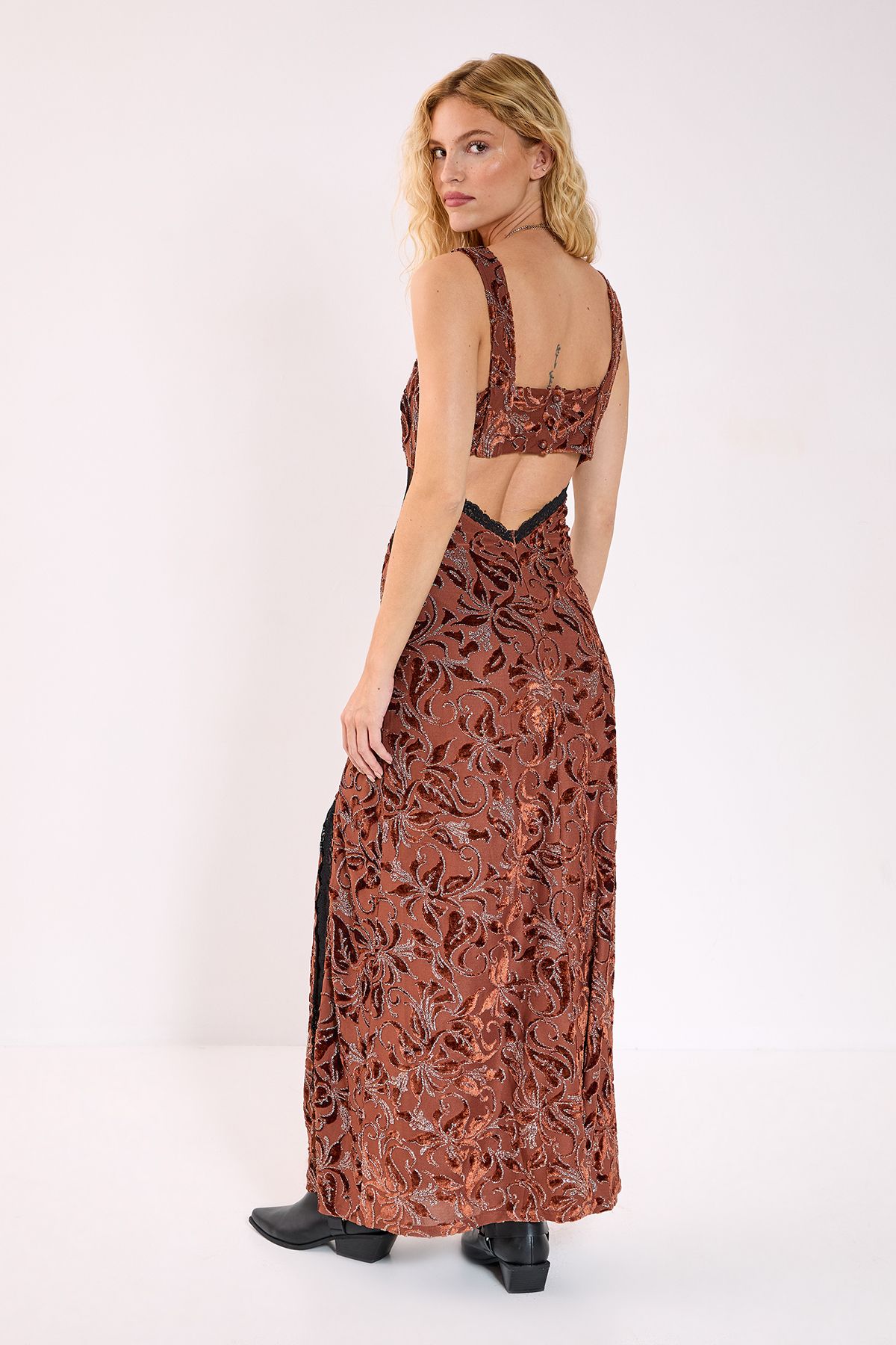 NastyGal Devore Insert Split Maxi Dress Brown image 4