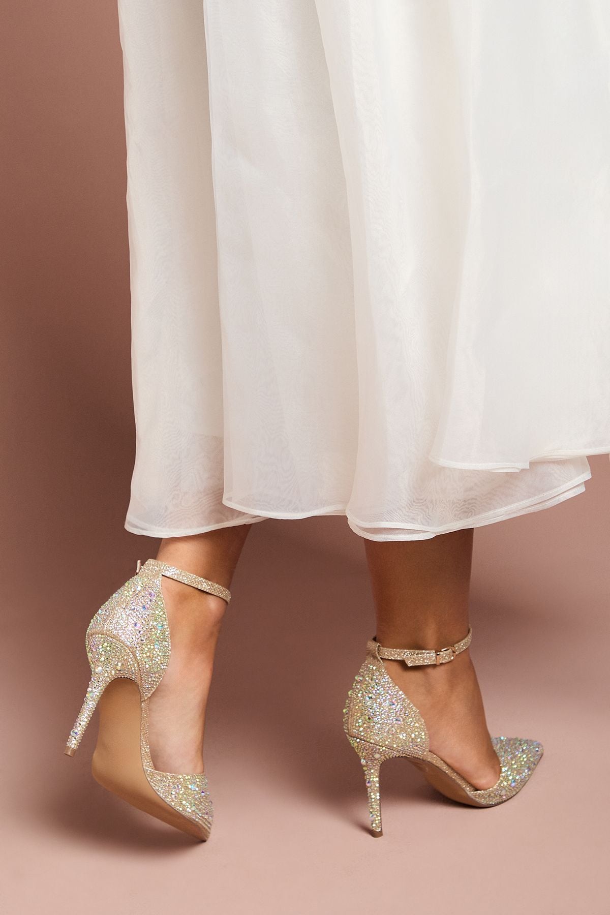 Coast Wide Fit Tanisha Diamante Ankle Strap High Stiletto Court Shoes Gold image 3