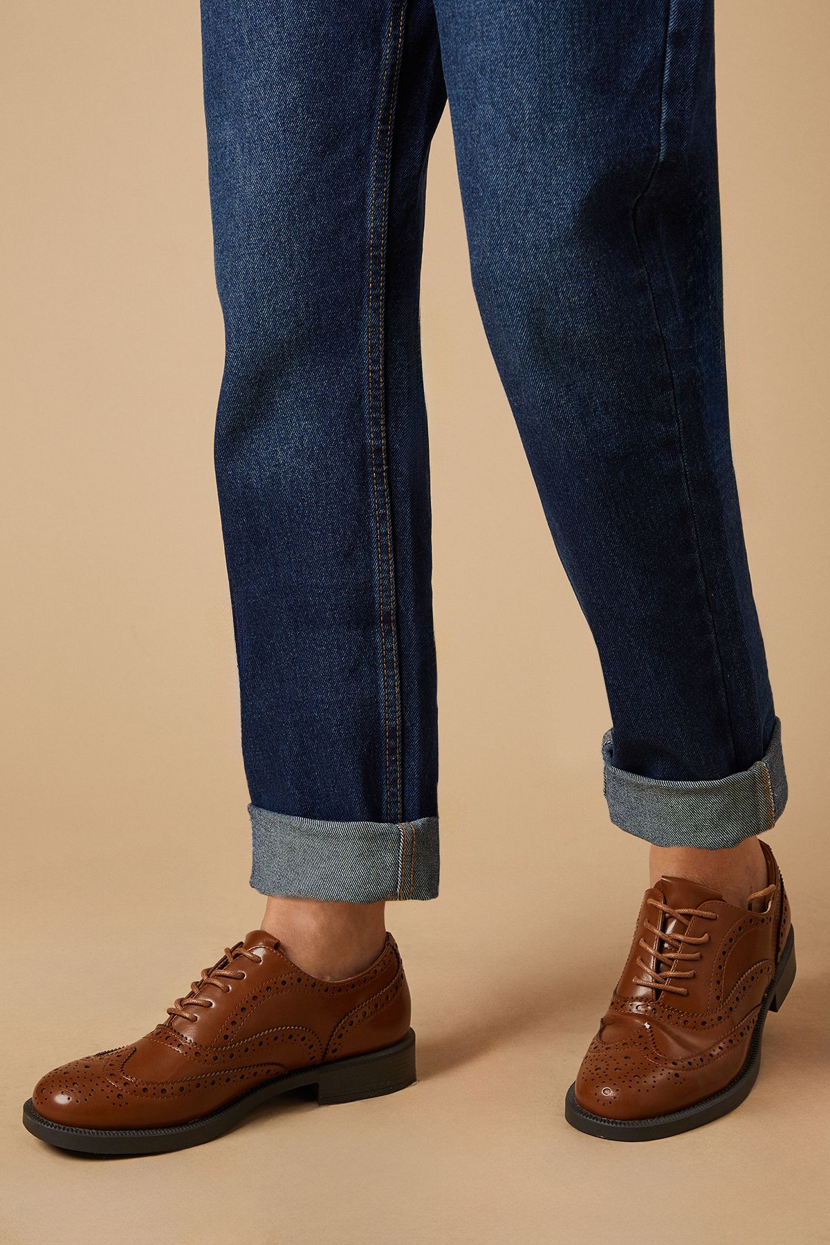 Oasis Sanya Faux Leather Brogue Detail Lace Up Flat Shoes Tan image 2