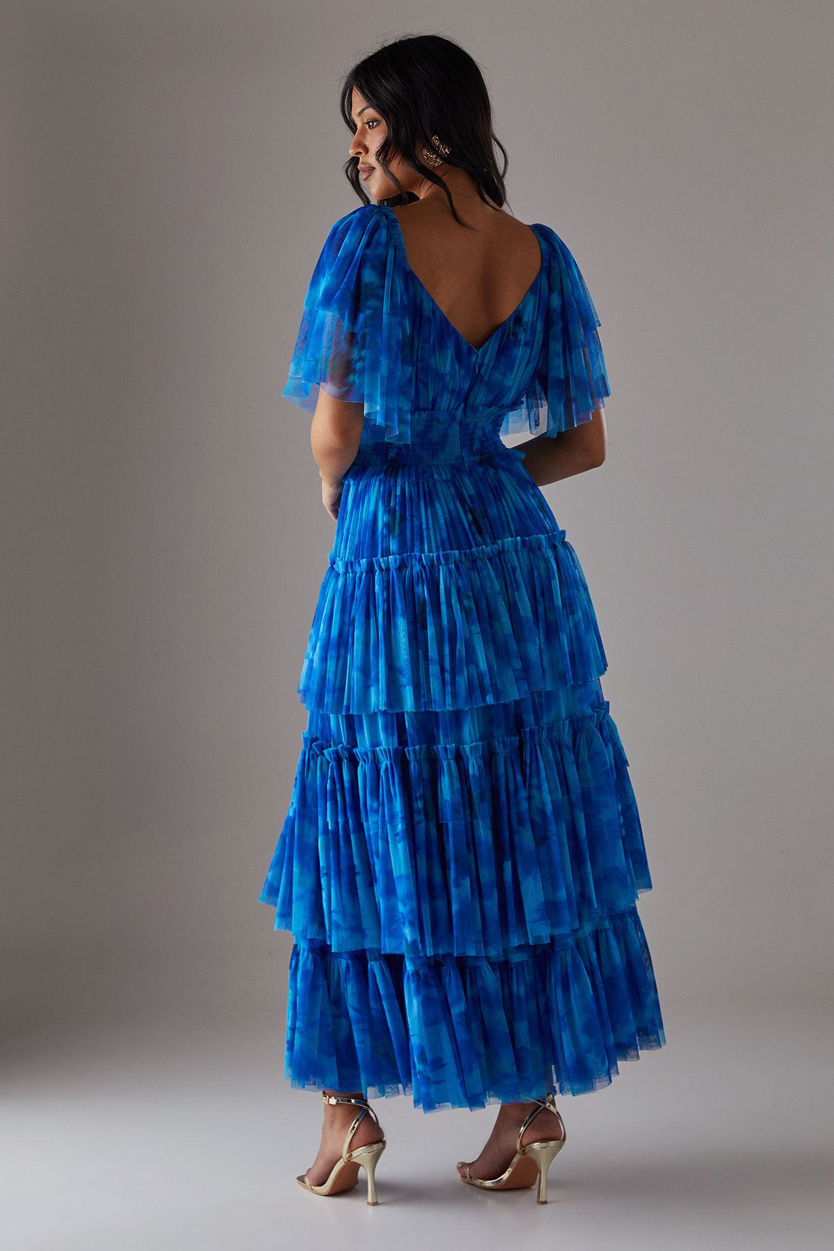 Warehouse Tulle Floral Plunge Neck Flutter Sleeve Tier Maxi Dress Blue image 4