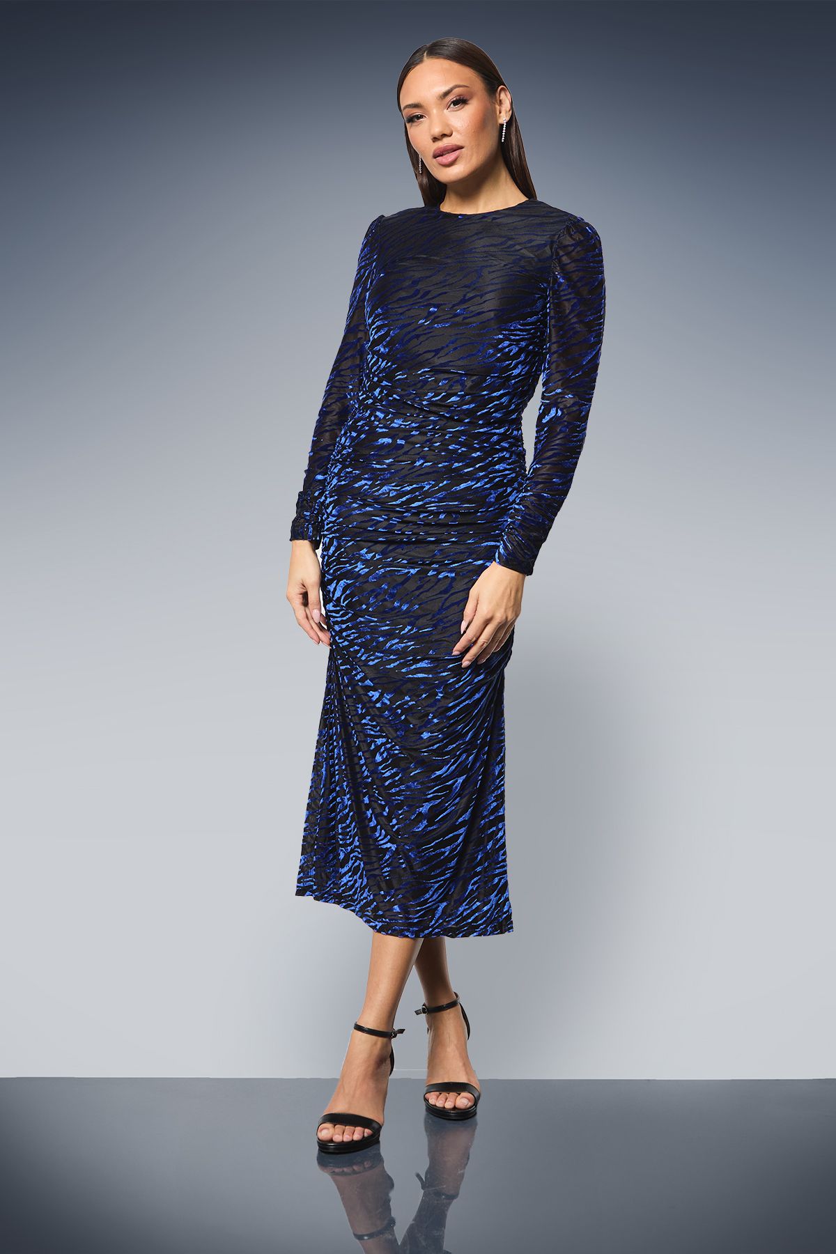 Principles Ruched Cuff And Side Seam Velvet Devore Bodycon Dress Blue