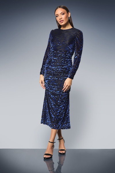Principles Ruched Cuff And Side Seam Velvet Devore Bodycon Dress Blue