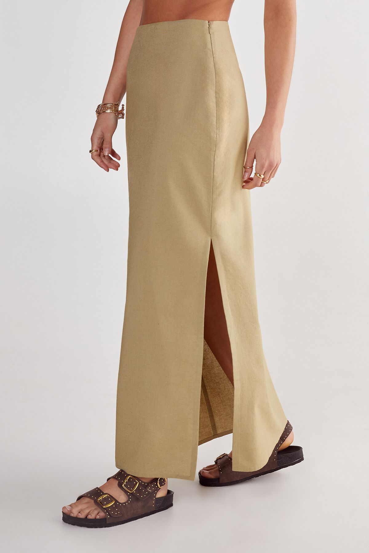 NastyGal Side Split Maxi Skirt Olive image 1