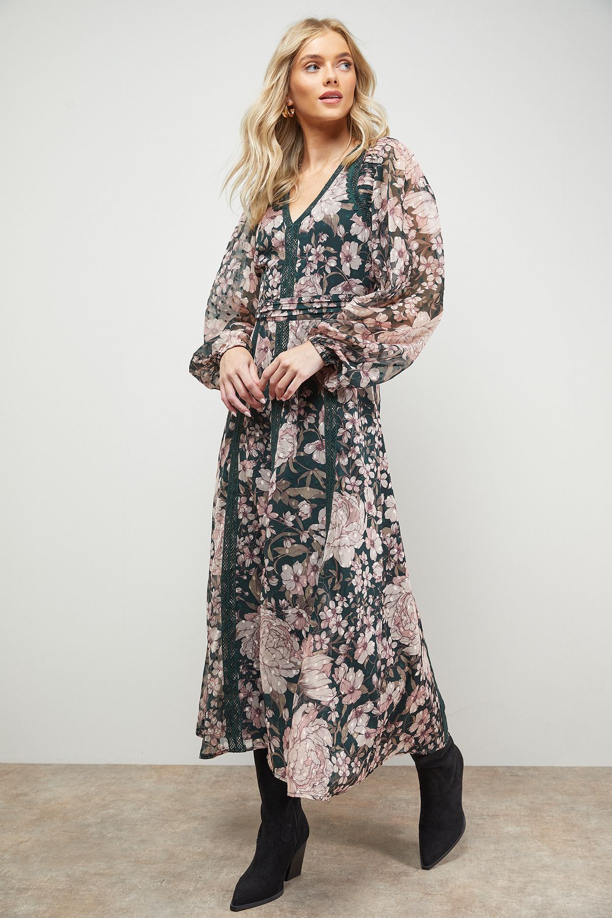 Oasis Lace Trim Midi Fit And Flare Dress Floral image 1