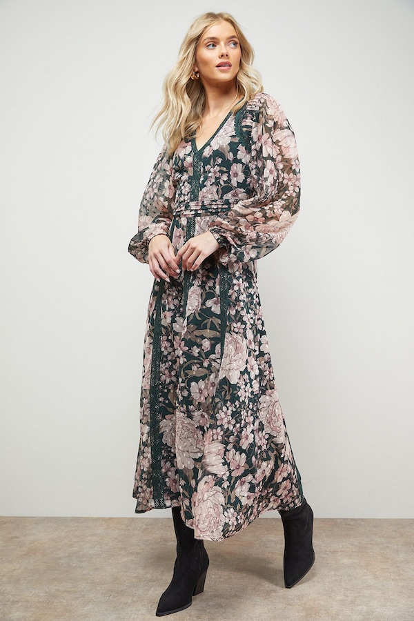 Oasis Lace Trim Midi Fit And Flare Dress Floral