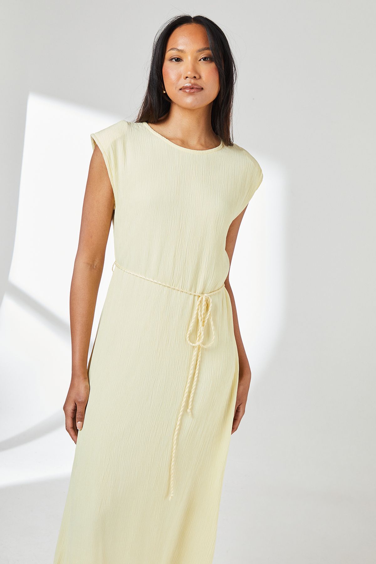 Principles Crinkle Viscose Tie Waist Column Midi Dress Lemon image 2