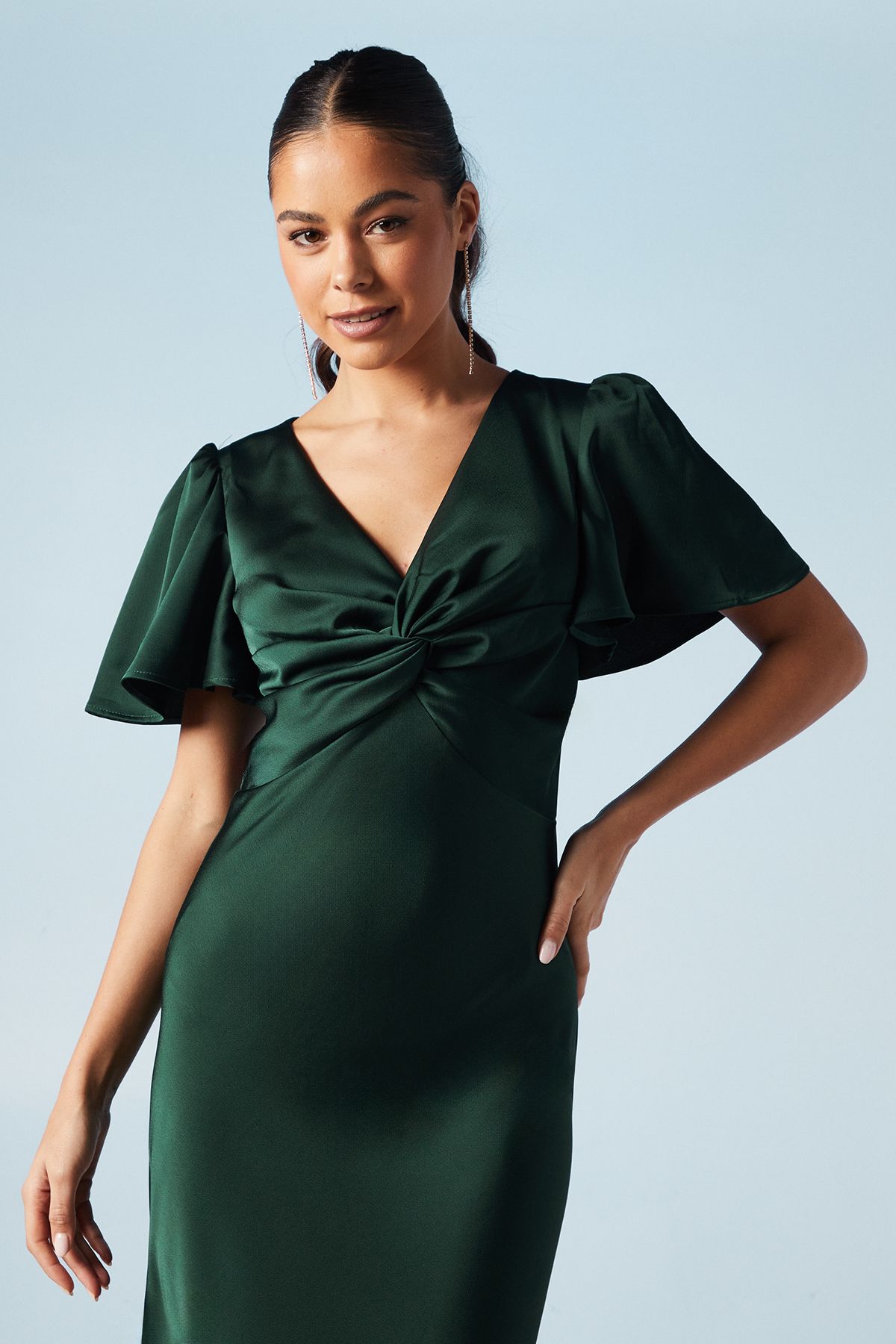 Oasis Oasis by Coast Satin Twist Front Angel Sleeve Midi Bridesmaid Dress Emerald image 2