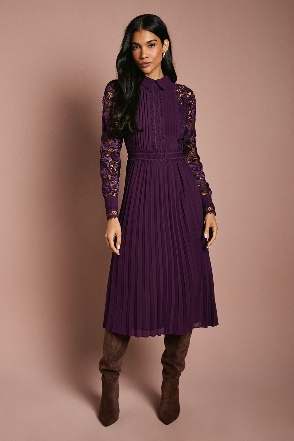 Coast Long Sleeve Lace and Pleated Midi Shirt Dress Plum image 1