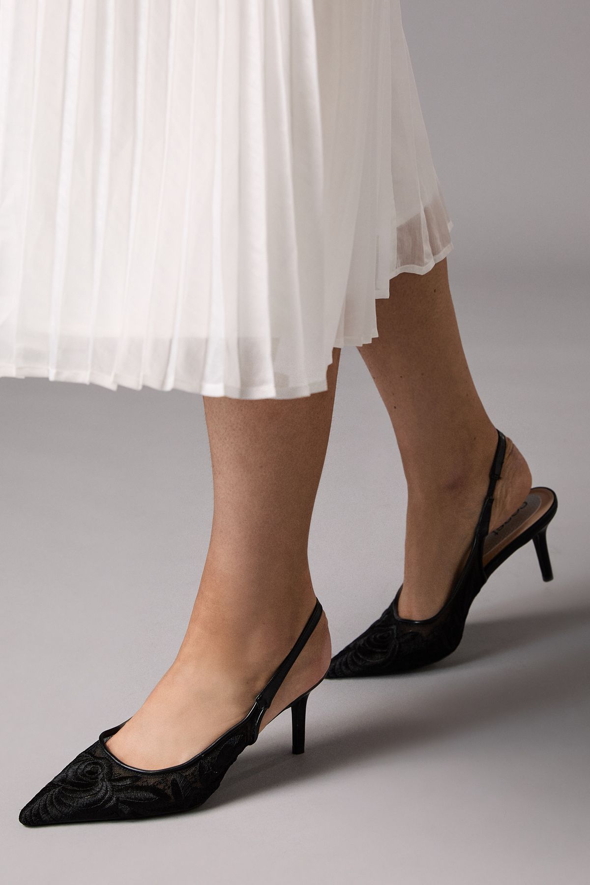 Coast Pattie Embroidered Sheer Medium Heel Slingback Court Shoes Black image 1