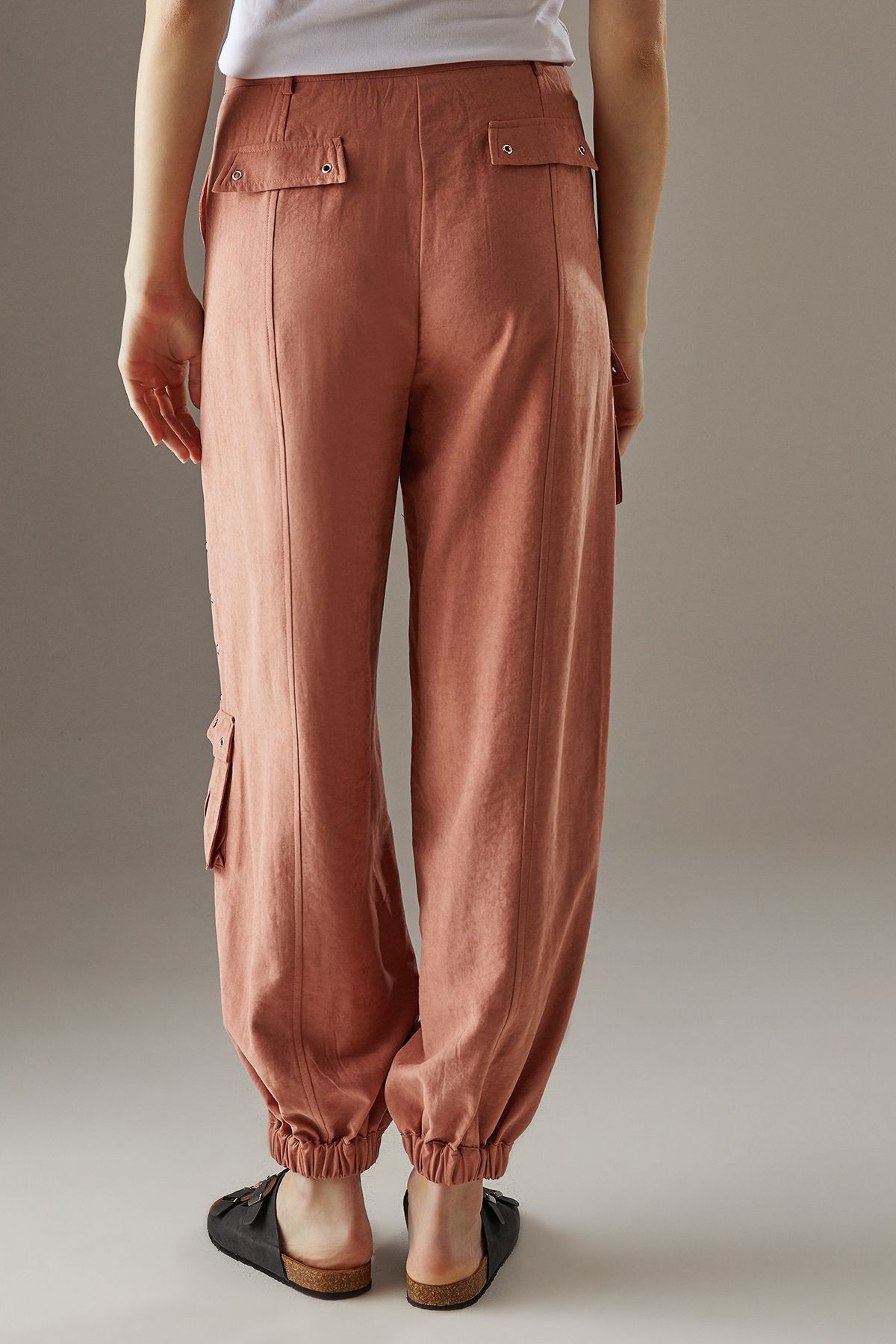 Warehouse Peach Satin Utility Eyelet Detail Cuffed Trousers Rust image 3