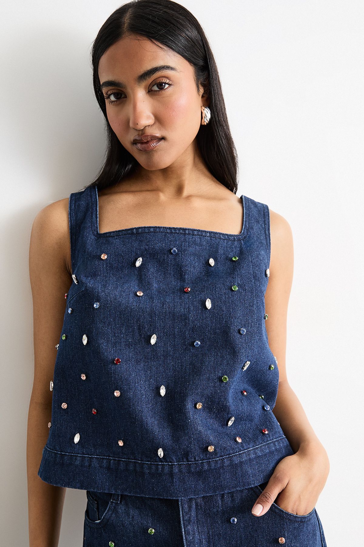 Warehouse Hotfix Embellished Denim Square Neck Top Indigo image 1