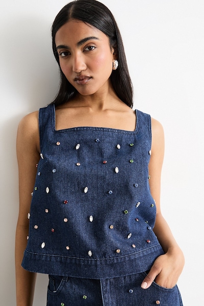 Warehouse Hotfix Embellished Denim Square Neck Top Indigo