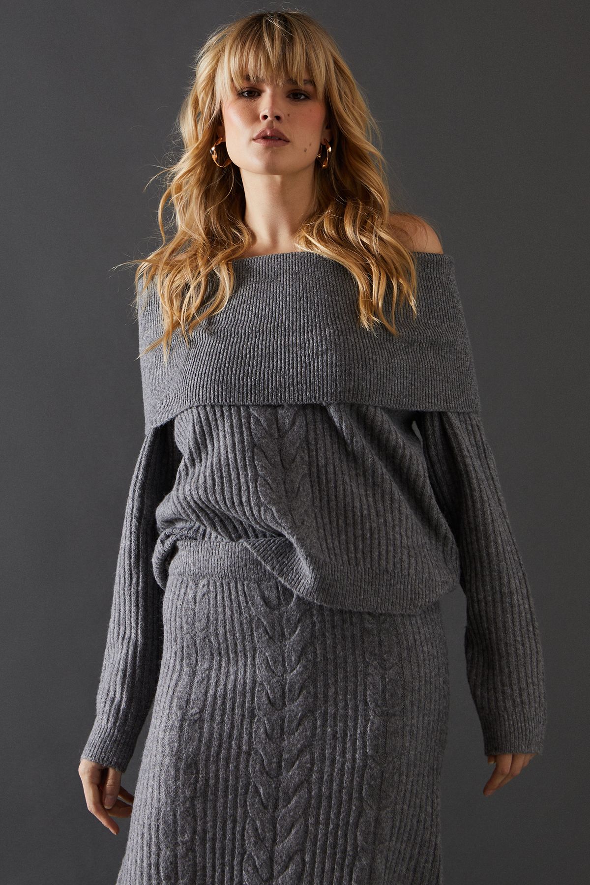 Warehouse Cable Front Slouchy Bardot Jumper Grey Marl image 1
