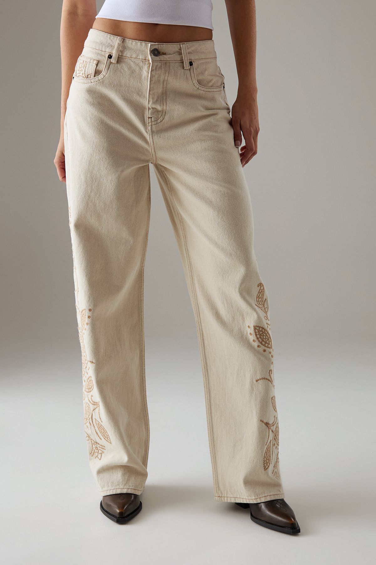 Warehouse Embroidered Denim Dad Jeans Ecru image 2