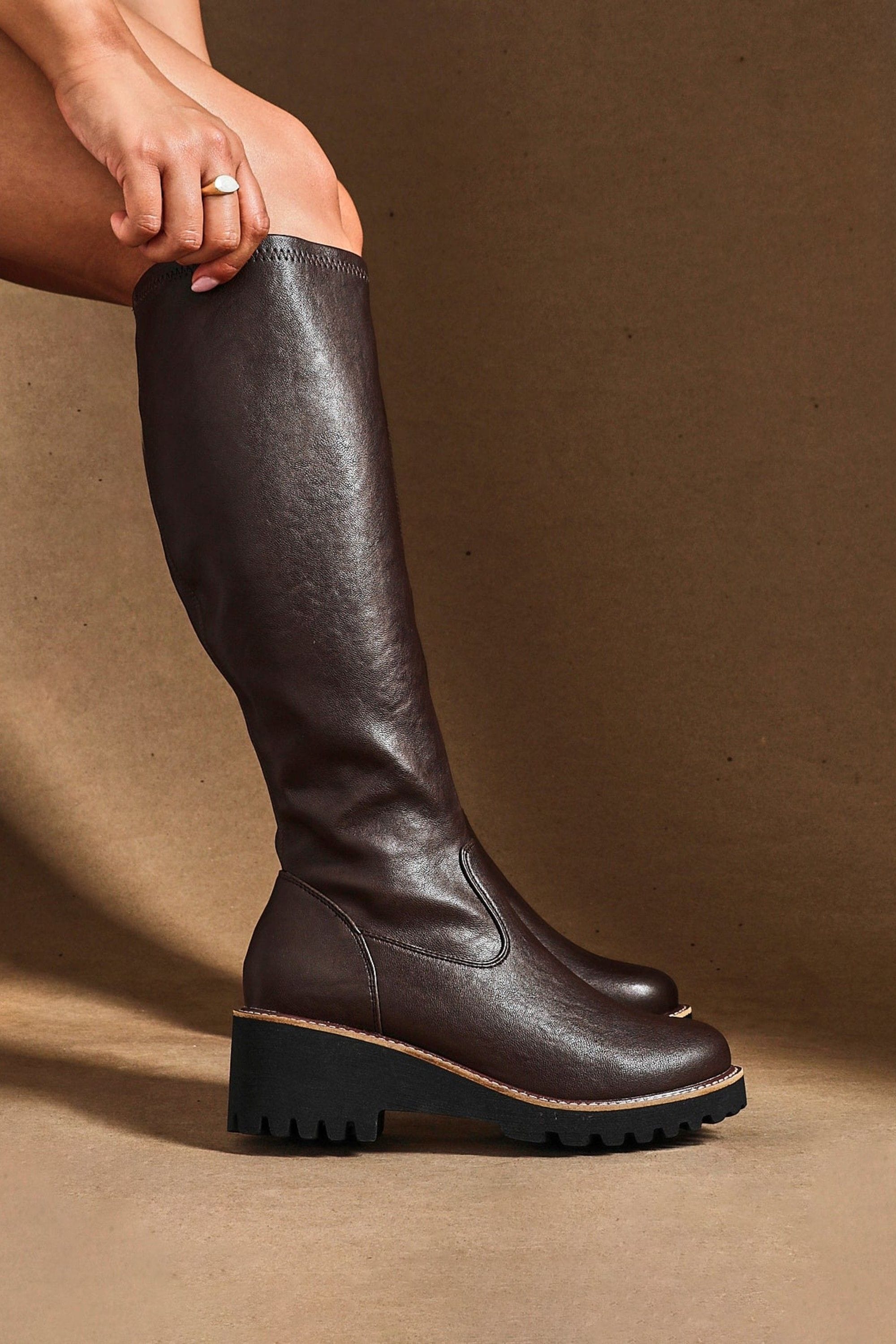 Linzi Maintain Wide Fit Brown Faux Leather Stretch High Leg Wedge Boot image 2