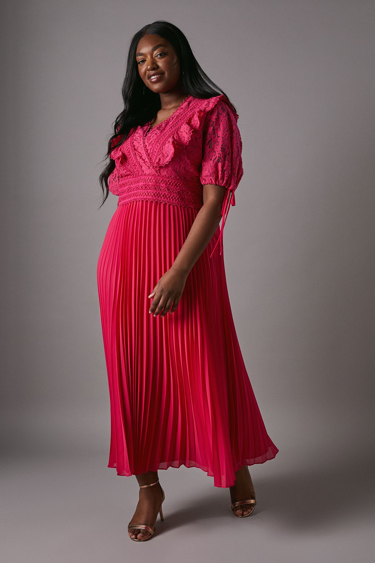 Coast Plus Lace Top Frill Midi Dress Pink